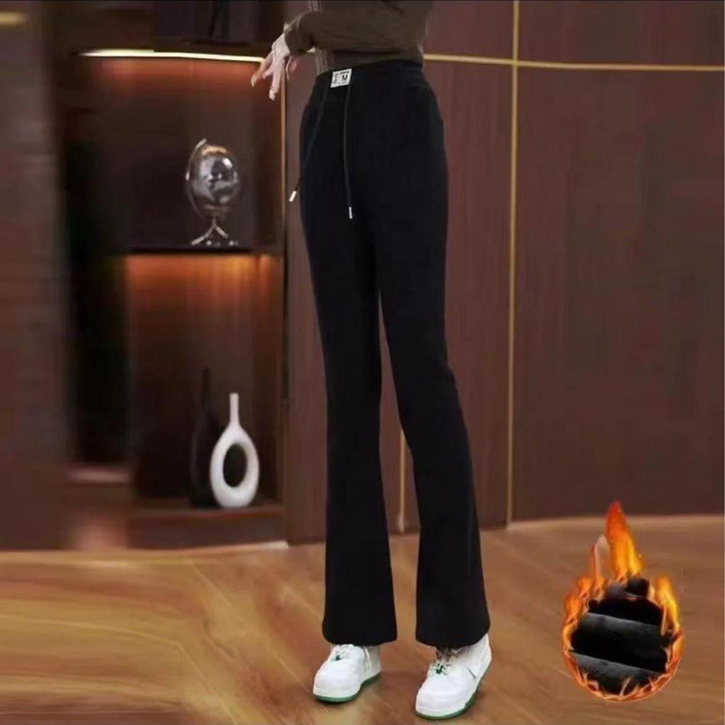 Women Autumn Winter Thick Warm Bell-bottoms Female Elastic High Waist Slim Trousers Ladies Solid Color Long Pants