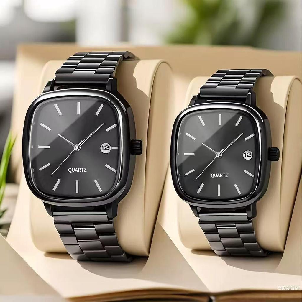 High-End Retro Silver Small Square Steel Band Watch with Calendar, Gold Brick Quartz Movement for Men and Women