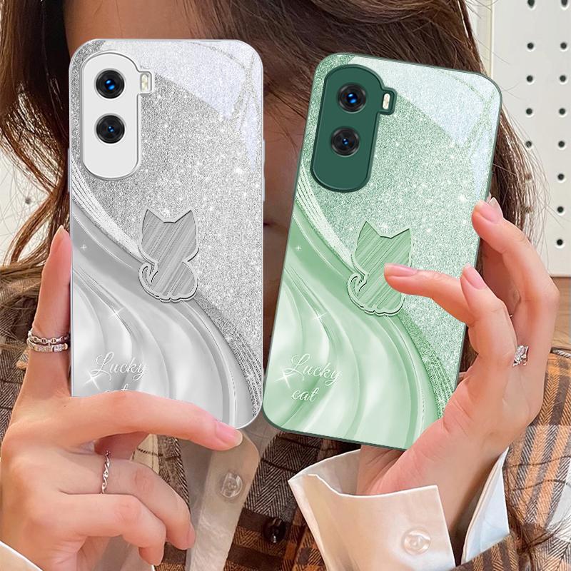 Sparkling Diamond Cat For Honor 200 90 8X 9X Pro Lite P50 P40 Nova 10 11i P60 Magic4 6 Mate 20 50 Tempered Glass Phone Case
