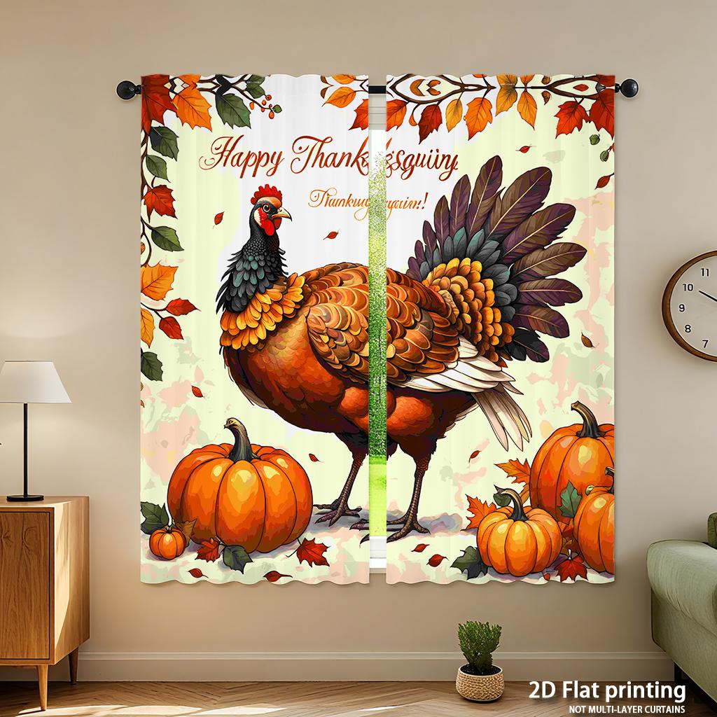 Piece Set High Definition Digital Printed Curtainsthanksgiving Style Pheasant Orange Pumpkins Autumn Leaveshome Decoration Curtain Polyester