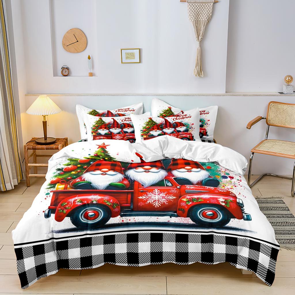 3pcs Christmas Gnome Red Truck Snowflake Tree Checkered Duvet Cover Set  All-Season Cozy Bedding Bedroom, Christmas Decorations