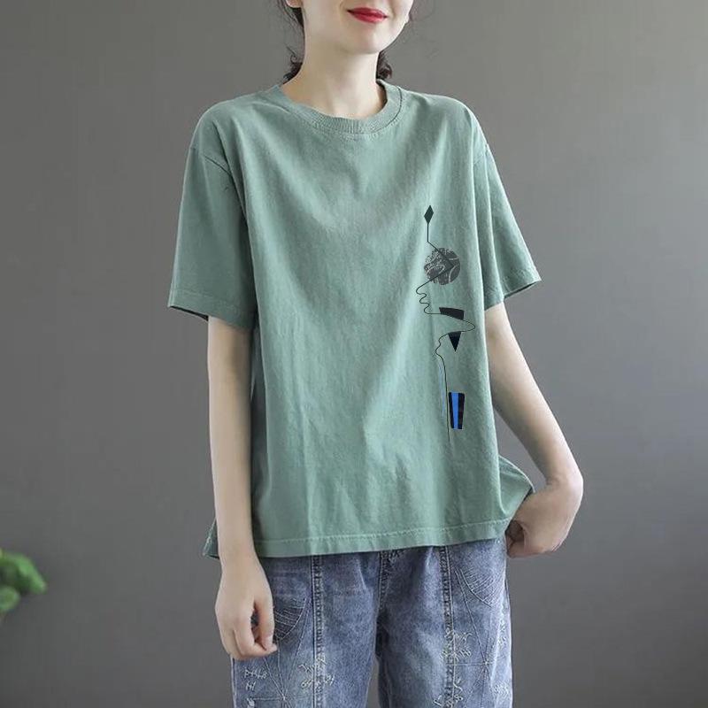 Short Sleeved Women's Summer Korean Round Neck Printed Geometric Large Loose Pullover Casual T-shirts Tops