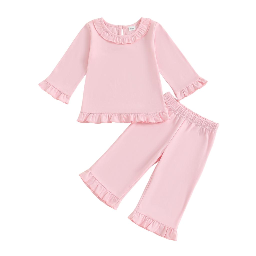 Toddler Girl Fall Outfits Solid Color Long Sleeve Ruffled Round Neck Tops Elastic Waist Long Pants 2 Pcs Set