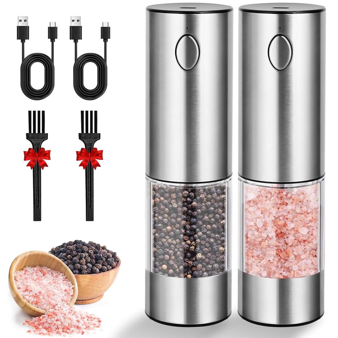 

Перезаряжаемые солонки и перечницы, 2 шт., многоразовые, автоматическая мельница для перца с регулируемыми грубыми насадками, управление одной рукой, светодиодная подсветка серебряный