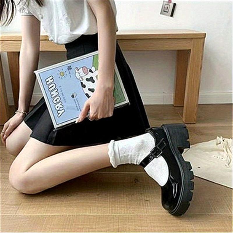 Black Platform Pumps Women's Ankle Buckle Japanese Patent Leather Mary Jane Shoes Punk Thick Heels Lolita Footwear