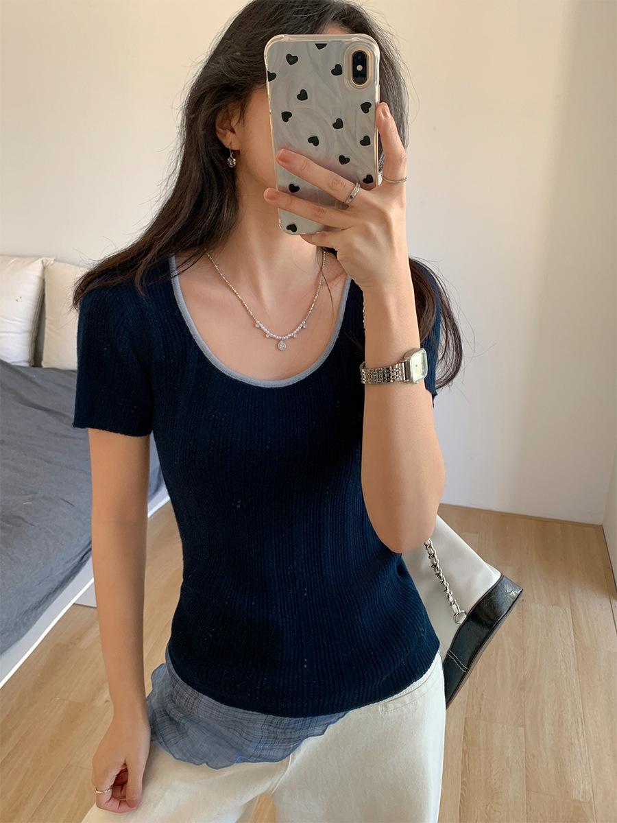 

Spice girl contrasting color U-neck slim-fitting short-sleeved knitted sweater women s spring and summer new Korean fashion beautiful inner top S темно-синий