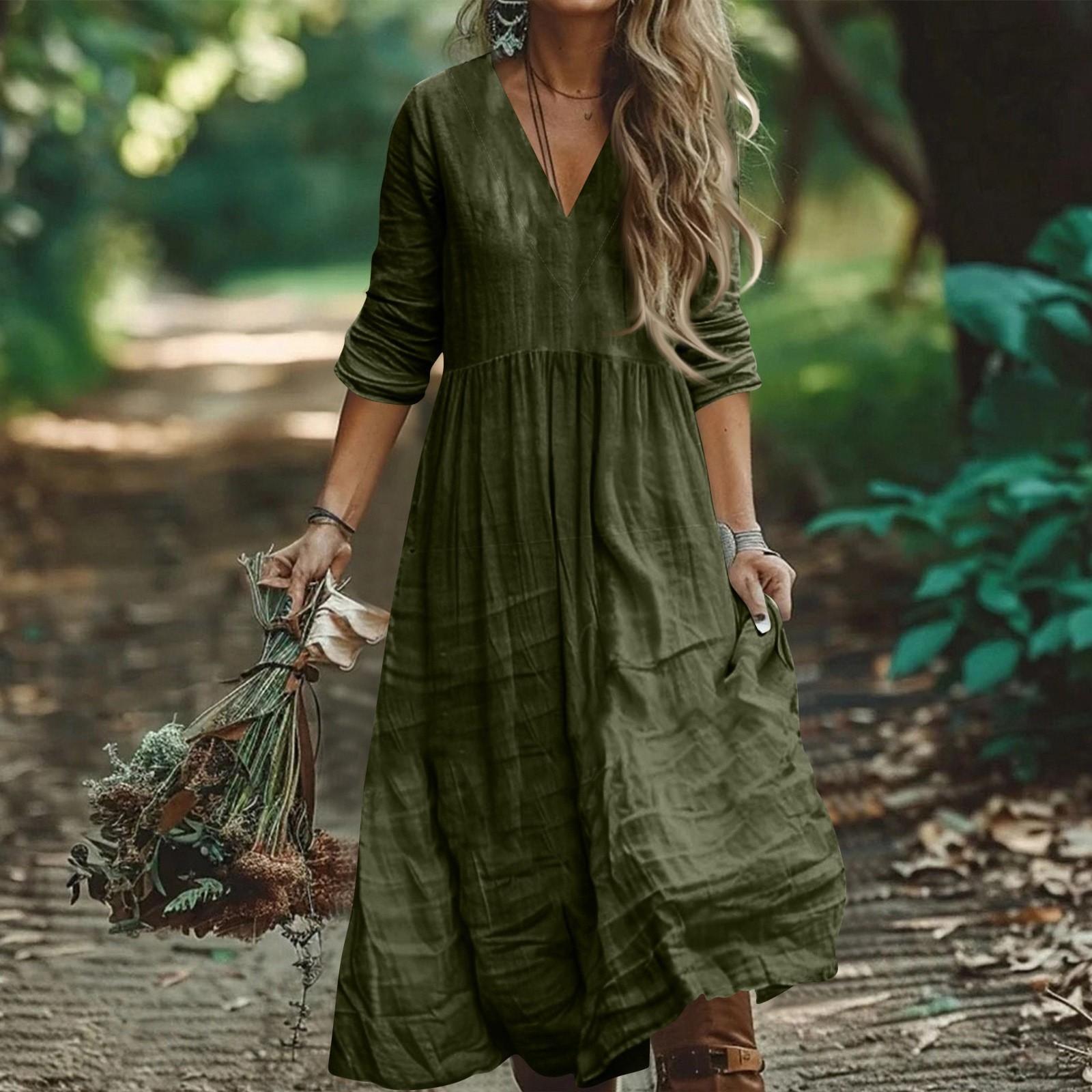 

Женское Модное Хлопково-Льняное Платье с V-образным Вырезом, Однотонное, с Длинным Рукавом, Свободного Кроя, с Карманом M