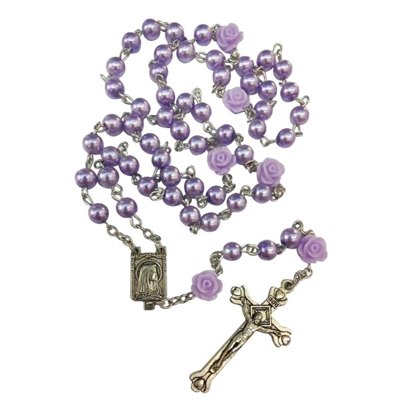 Elegant Cross Bead Necklace Rose Flower Glass Rosary Necklace Religious Jewelry Christian Prayer Beads Clavicle Chain