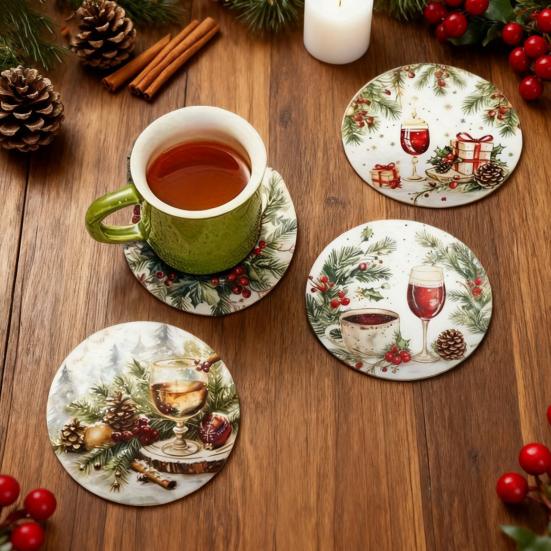 6Pcs/Set Christmas Coaster Snow Scene Pine Branch Print Coasters Waterproof Decorative Christmas Table Accessories