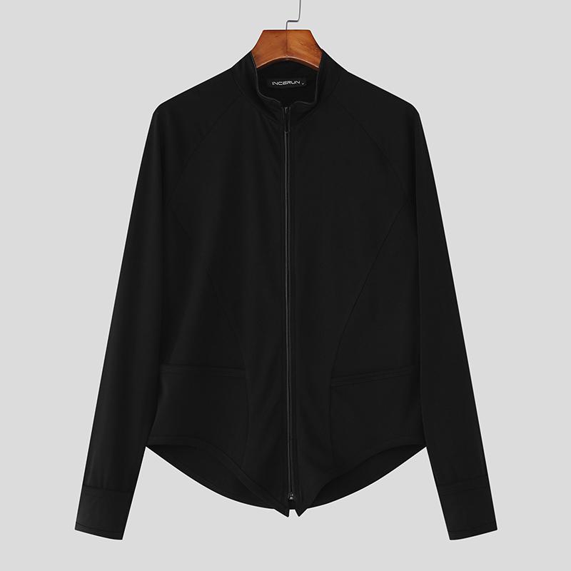 INCERUN Men Stand Neck Zip-Up Long Sleeve Irregular Stitching T-shirts Tops