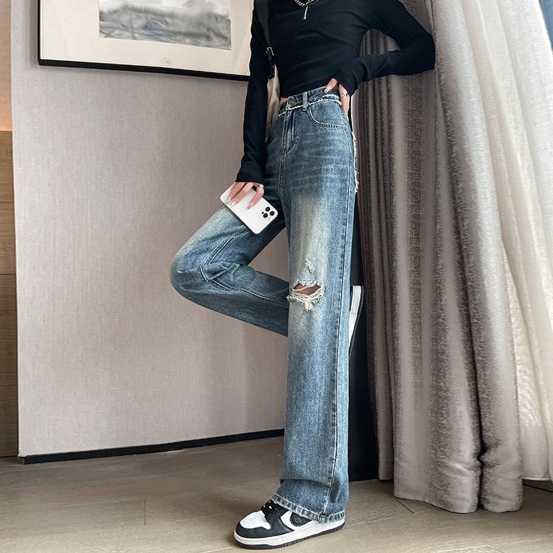 Ripped Denim Girls High Street Straight Summer Thin Relaxed Fit Drooping High-Waist Wide-leg Floor Trousers