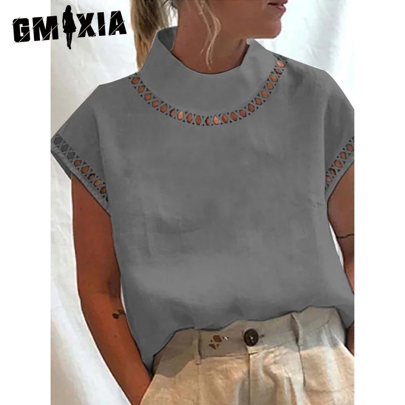 GMXIA Women's Fashion Casual Solid Color Print Short Sleeve Blouses & Shirts