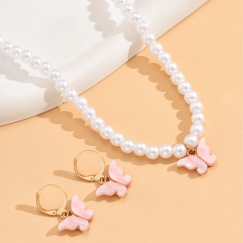 Fashion Faux Pearl Bow Pendant Necklace Earrings Jewelry Set For Women