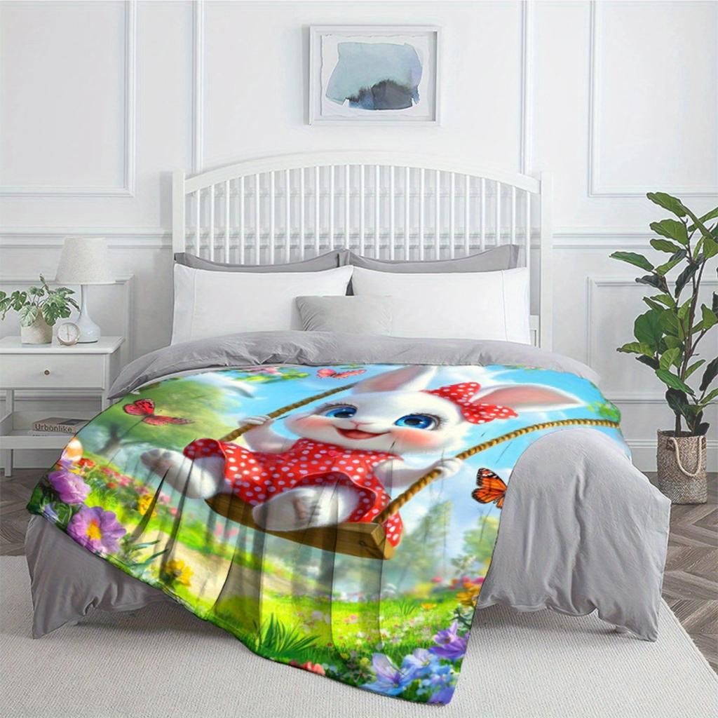 Adorable Bunny on Swing Blanket Spring Garden Scene Cute Animal Print Flannel Throw Blanket for Kids Girls BedroomDecorationGift