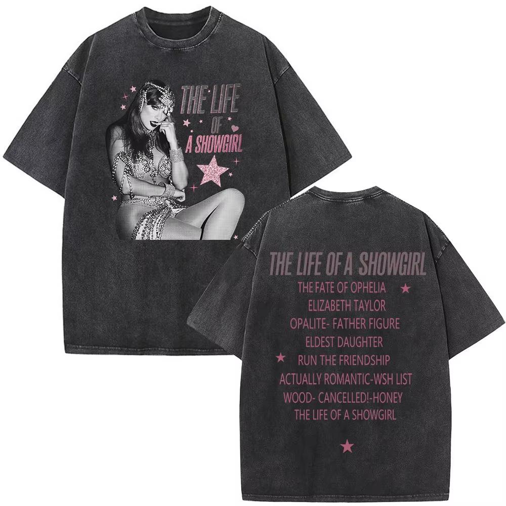 The Life of A Showgirl Album Merch Tshirts Fan Gifts Mens Women Clothing Vintage Washed Cotton Oversized Short Sleeve T Shirts