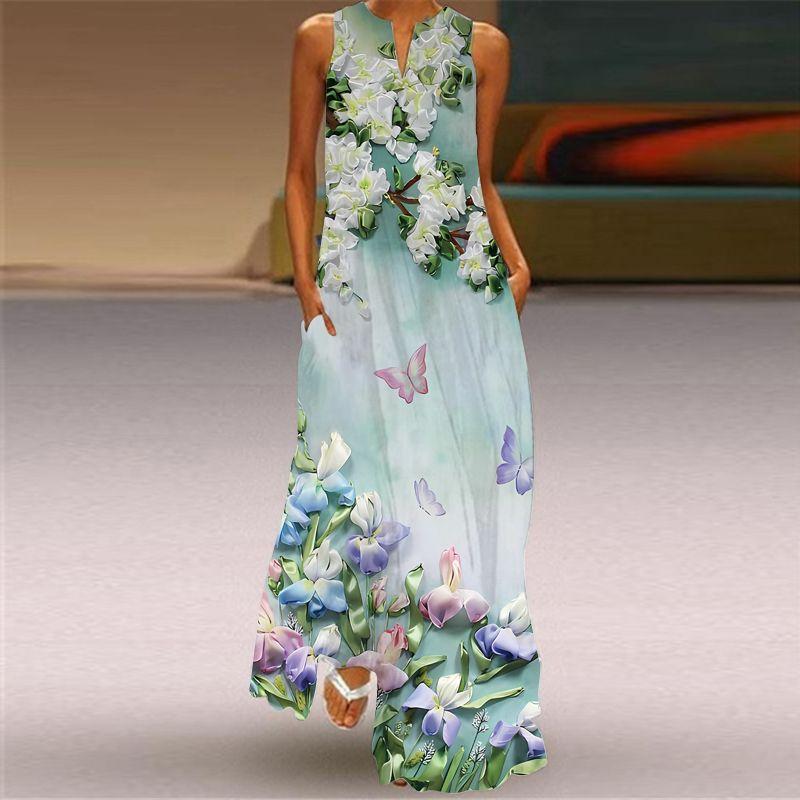 Butterfly Pattern 3D Printed V-neck Sleeveless Dress Stage Show Women's Clothing Travel Photo Vacation Style Beach Dress