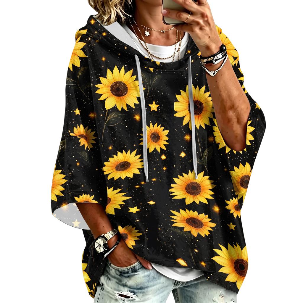 Women's Vintage Floral Print Hooded Pullover Top with Three-Quarter Sleeves for Casual Everyday Wear