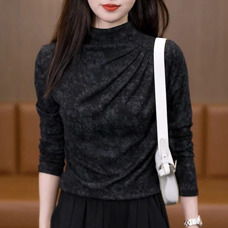 

Autumn Winter Half High Collar Tie Dye Printing Folds T-shirt Women Long Sleeve Pullover Top Bottomed Tee M чёрный