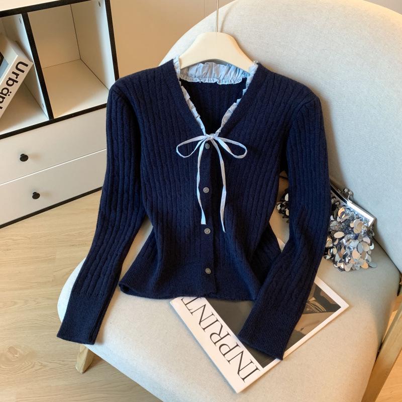 Women's French V-Neck Bow Knit Cardigan - Soft & Cozy Autumn/Winter Sweater