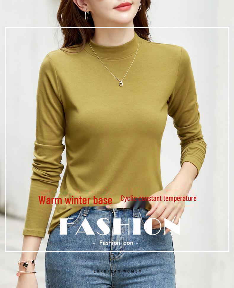 Camiseta de Terciopelo de Cuello Alto de Manga Larga para Mujer de Color Sólido - Top Versátil y Elegante para Otoño/Invierno
