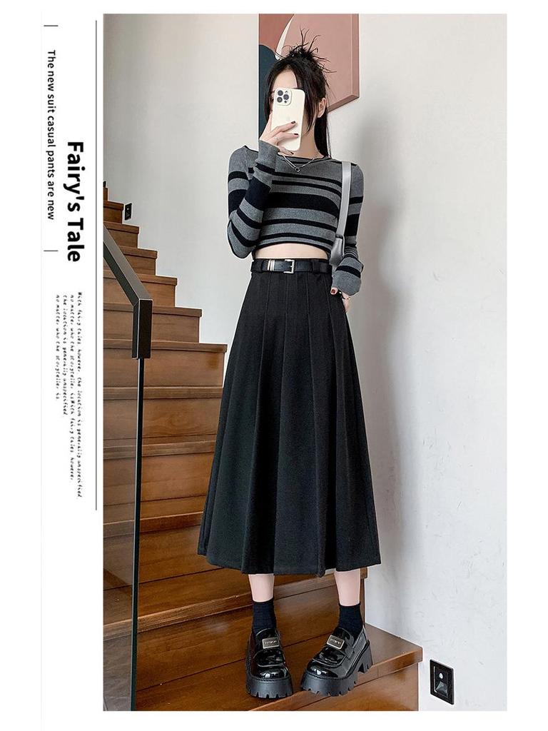 High-Waisted A-Line Pleated Midi Skirt - Elegant, Slimming Autumn Style for Women