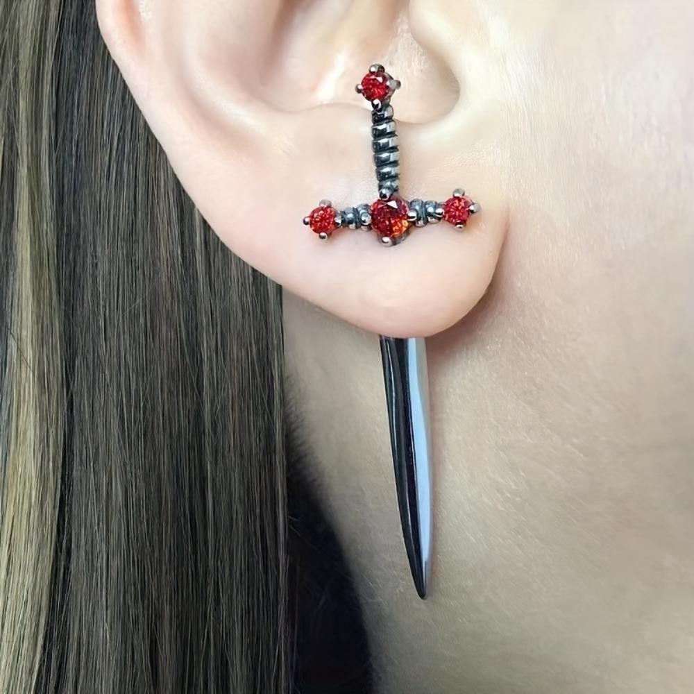 1pair Retro Gothic Dagger Stud Earrings with Artificial Crystal Decor, Cool Halloween Holiday Gifts