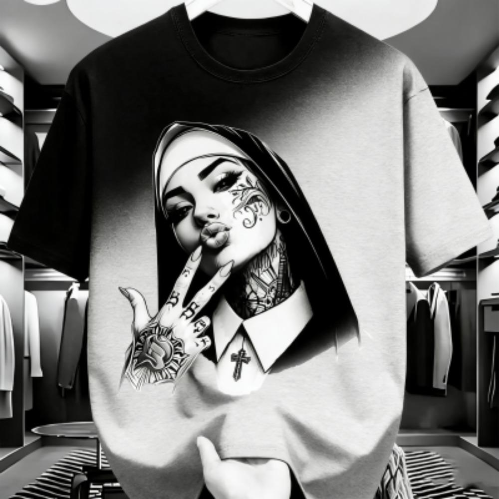 Tattooed Nun Graphic Print Men's T-shirt Summer Fashion Casual Loose Short Sleeves Men's and Women's Tees Top