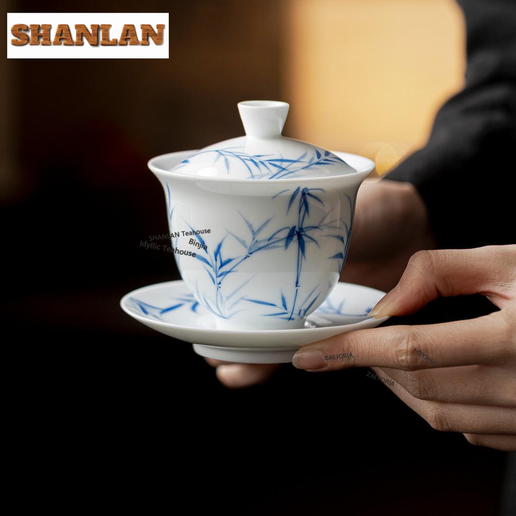 160ml Blue And White Hand-painted Bamboo Gaiwan Retro Tea Tureen Tea Bowl With Lid Kit Tea Brewing Cover Bowl Cha Decoration