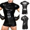 Mens Rompers T-shirt Shorts 1pc Black Patent Leather Sexy