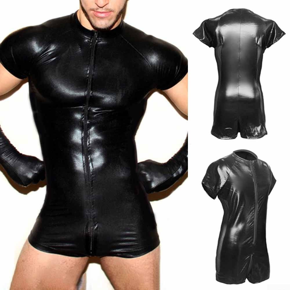 Mens Rompers T-shirt Shorts 1pc Black Patent Leather Sexy