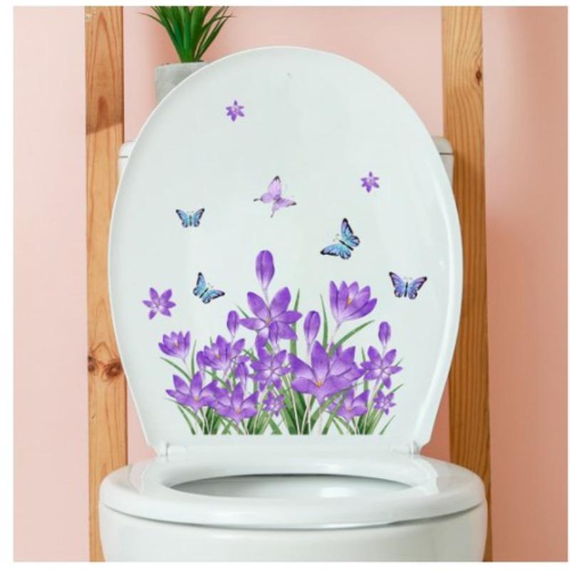 Purple Flower Butterfly Wall Sticker Bathroom Toilet Decor Living Room Cabinet Home Decoration Decals Beautify Self Adhesive Mur