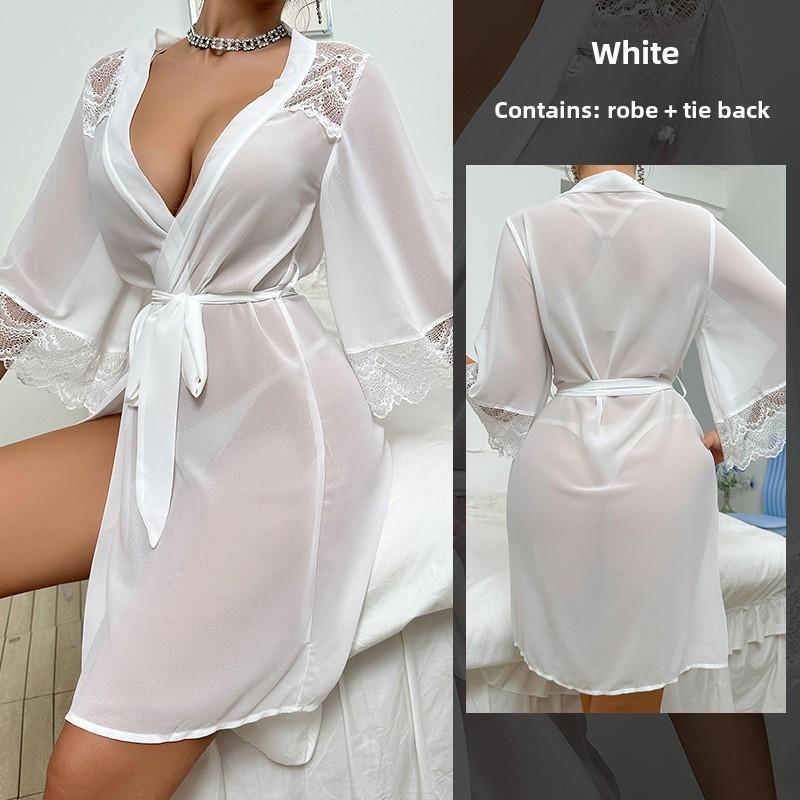 Sexy Pajamas Chiffon Lace Stitching Perspective Nightgown Seduction Women's Cardigan Robe
