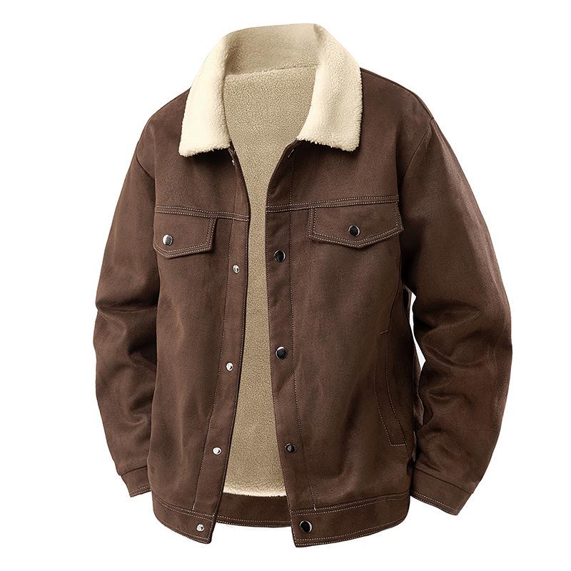 Men's American Retro Suede Plush Top Coat - Casual Winter Jacket with Extra Velvet and Thickness.