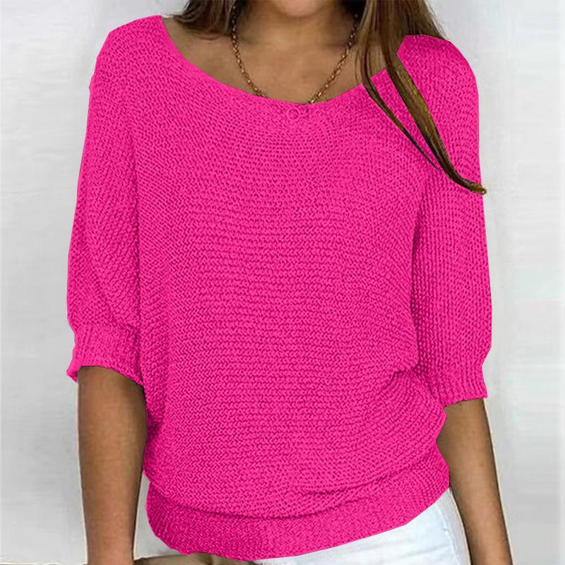 Women's Spring/Autumn Solid Color Round Neck Knitted Sweater, Plus Size, Elegant 3/4 Sleeve Top for Work
