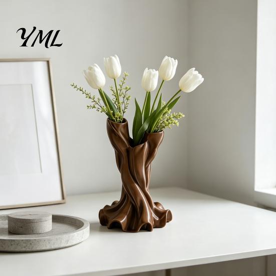 Minimalist Home Decoration 3D Printed Flower Vase, Matte Wood Grain Double Tube Ornament, Mid Artistic Sculpture Ornament Century Style Floral