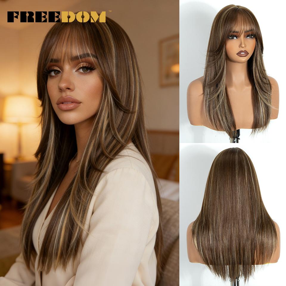 FREEDOM Synthetic Lace Front Wigs For Women Straight Layered Pre-cut Lace Wig With Bangs 20" Ombre Brown Blonde Pink Cosplay Wig