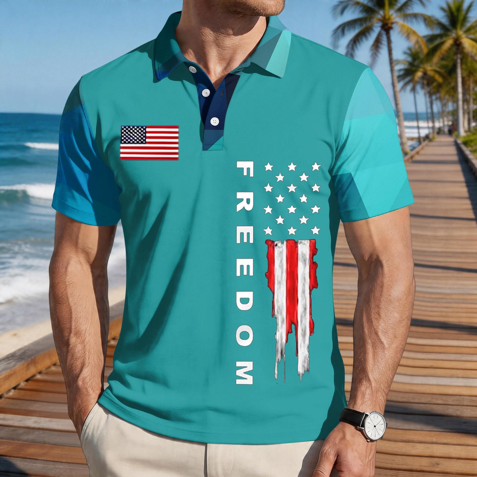 

Men s Loose Fit Casual Short Sleeve Polo Shirt with Flag Print Freedom Design Lightweight Breathable Fabric Summer Wear L