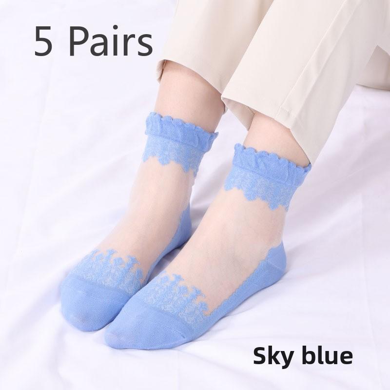 5 Pairs of Women's Spring Thin Mid Cylinder Cotton Sole Lace Lace Socks