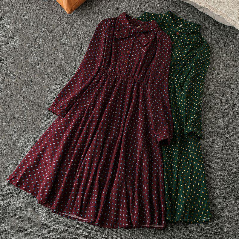 

Весна и Осень Экспортный K-стиль Новое поступление Повседневная мода Темперамент Универсальное Платье с бантами и лацканами с длинными рукавами Dark green bottom yellow flowers M