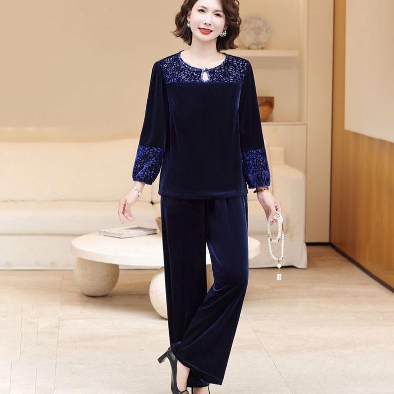 2pcs Pants Suit Autumn Women's Loose Plus-size Velvet Blouse High-waist Velvet Pants Two-piece Set