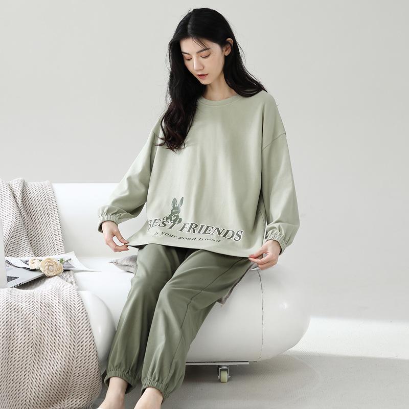 

Хлопковый пижамный комплект женский, свободного кроя, одежда для сна, с длинным рукавом, двухпредметный, домашняя одежда, удобный наряд, варианты больших размеров, дышащая ткань 2XL