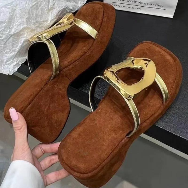 Fashion Summer New Style Slope Heel Sandals Women's Round Head Metal Buckle Waterproof Table Anti-slip Wear-resistant Slippers