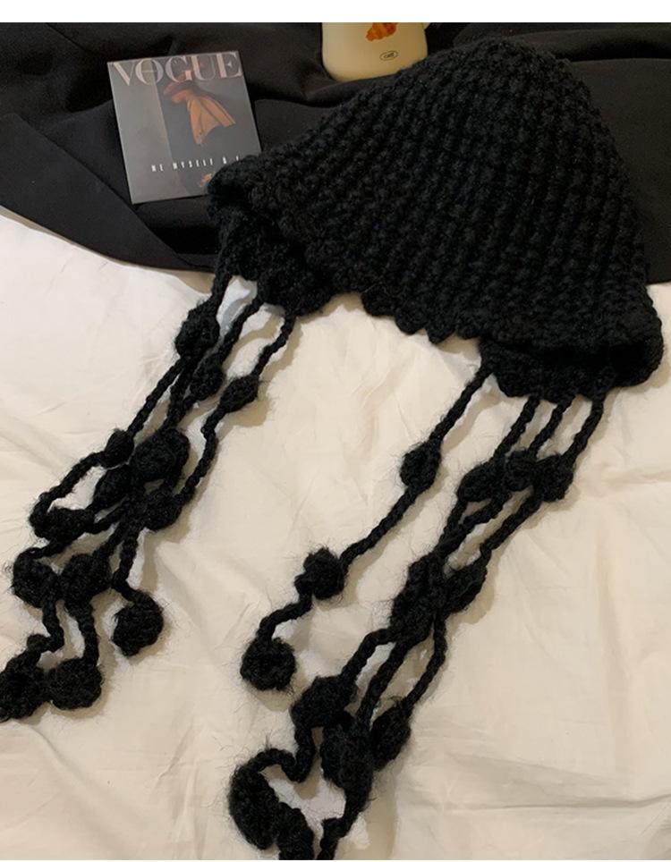 Women s New Handmade Tassel Ball Red Knitted Woolen Hat Warm Baotou Cap Winter Ear Protection Strap Hat Trendy чёрный