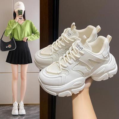 Moda Damskie Nowe Modne Sneakersy na Grubej Podeszwie 2024 Jesień Casualowe Sportowe Buty do Chodzenia Siateczkowe Skórzane Płaskie Buty Wszechstronne Buty Damskie