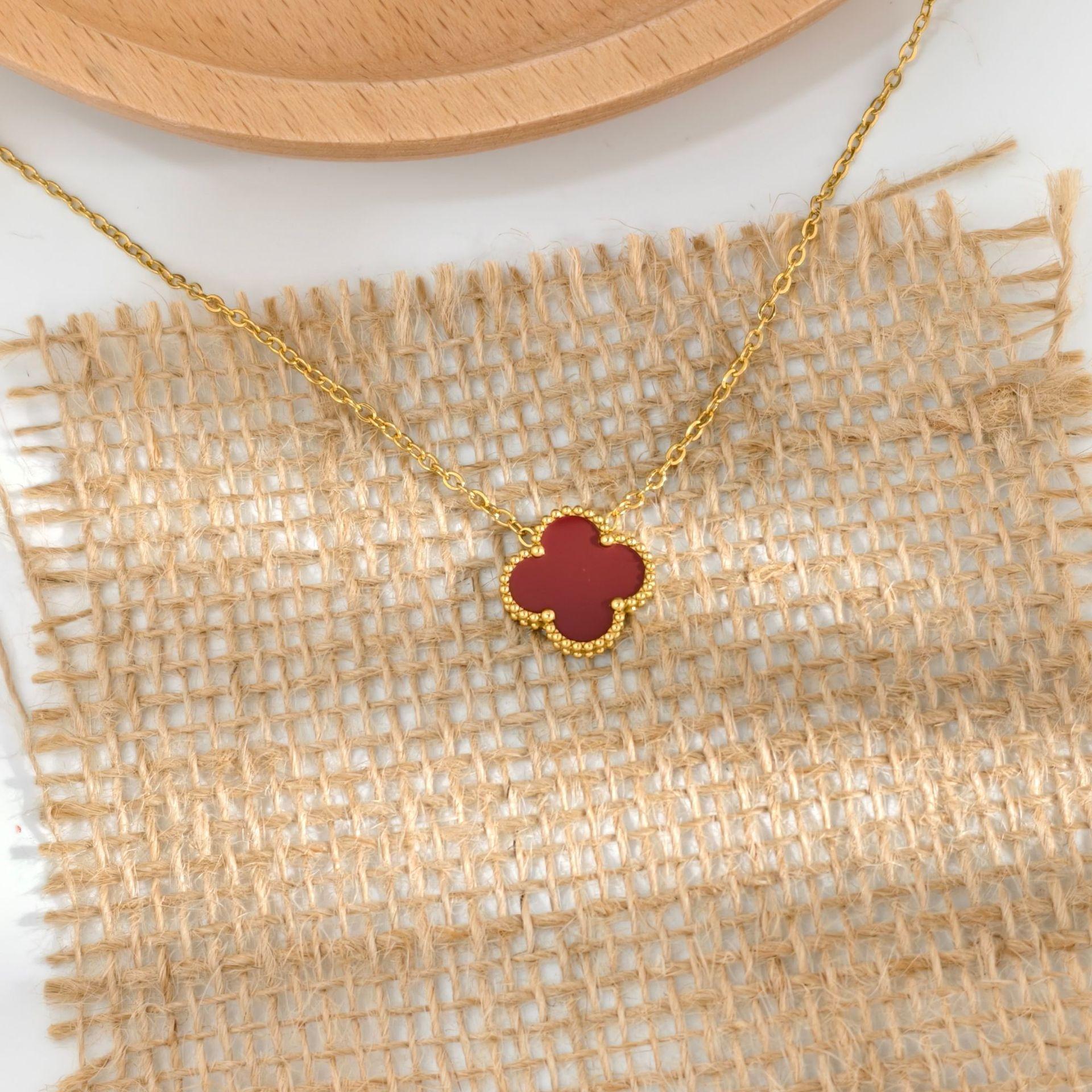 

15 мм Новое двухстороннее ожерелье с подвеской в виде четырехлистного клевера на удачу, цепочка на ключицу, женское ожерелье из высококачественного 18-каратного золота 18K бордовый