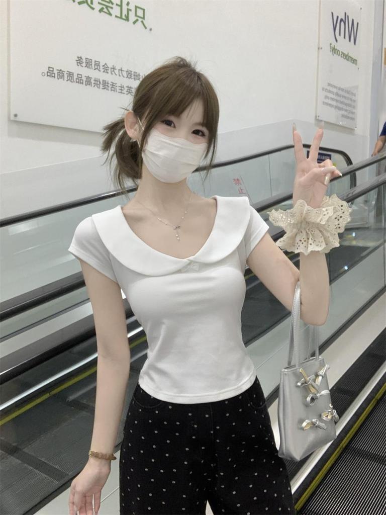 Korean Sweet Spring/Summer Slim-Fit Doll Collar Pure Cotton T-Shirt