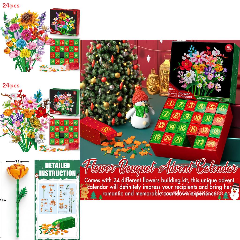 Bloemenboeket Kerstkalender met aftelfunctie en bouwstenen in een verrassingsdoos voor knutselprojecten en als kerstcadeau.