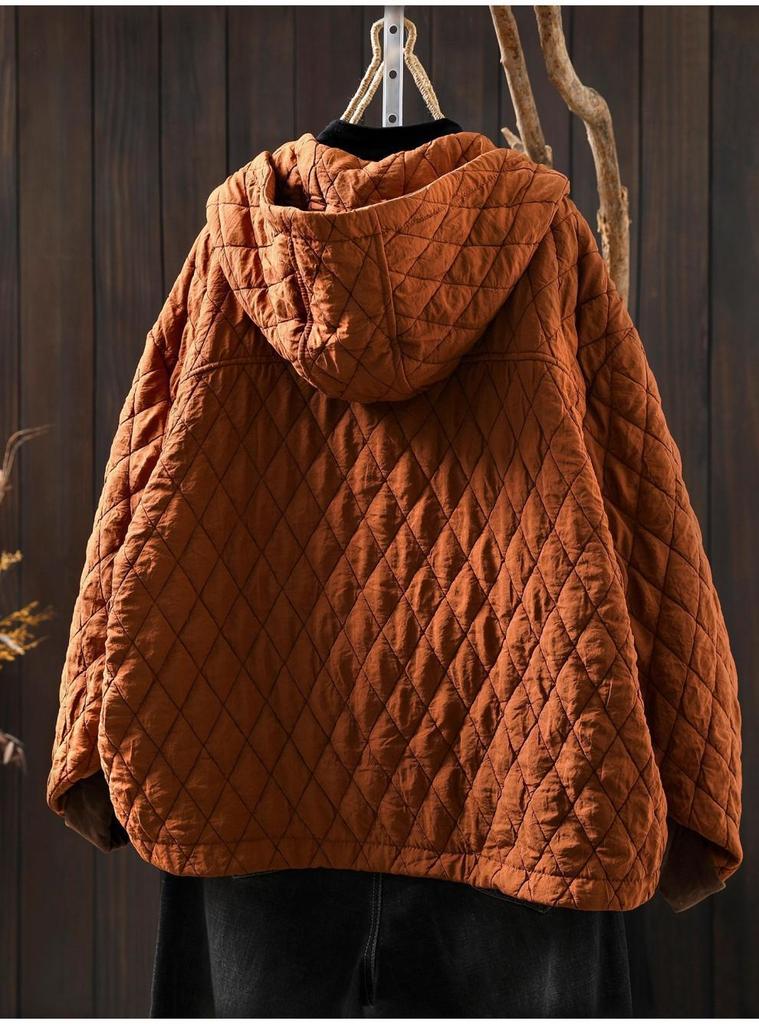 Chaqueta de Algodón con Capucha Acolchada de Diamantes para Mujer - Petite, Holgada, Informal, Ligera, Tendencia Invierno 2025