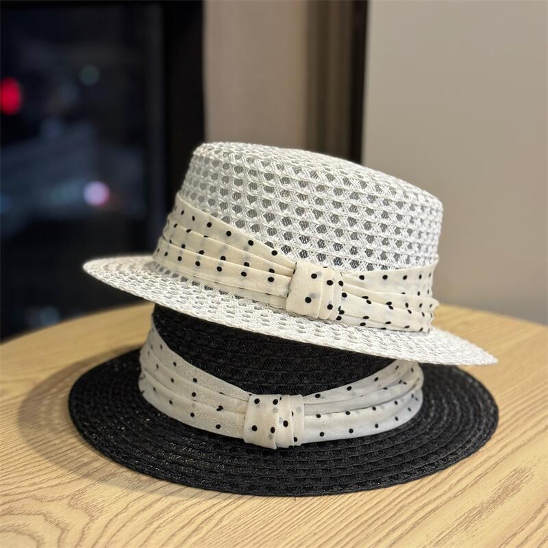 Temperament Polka Dot Flat Top Straw Hat Women's Summer Seaside Big Eaves Sunscreen Sun Hat Advanced Straw Hat