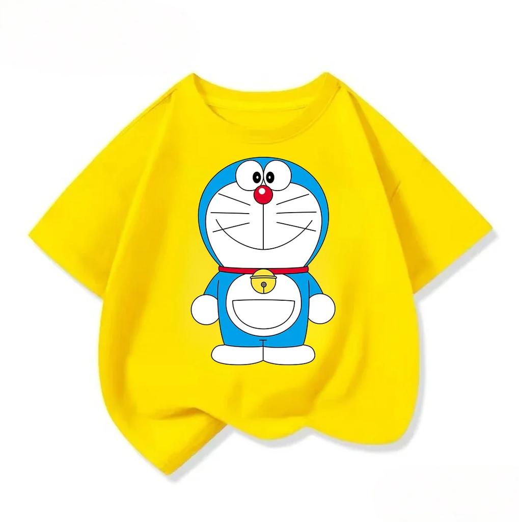 Cute Boys Girls Short Sleeve T Shirt Doraemon Cartoon Pattern Crew Neck Comfort Summer Casual Daily Wear 3 To 14Y